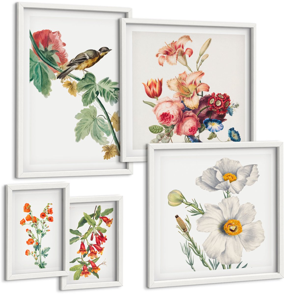 Tulup 4-Delige Schilderij Set - Vintage bloemen- en vogelmotieven voor huisdecoratie - 50 x 50 cm, 20 x 30 cm en 40 x 60 cm - Moderne Wanddecoratie - Slaapkamer - Woonkamer Decoratie