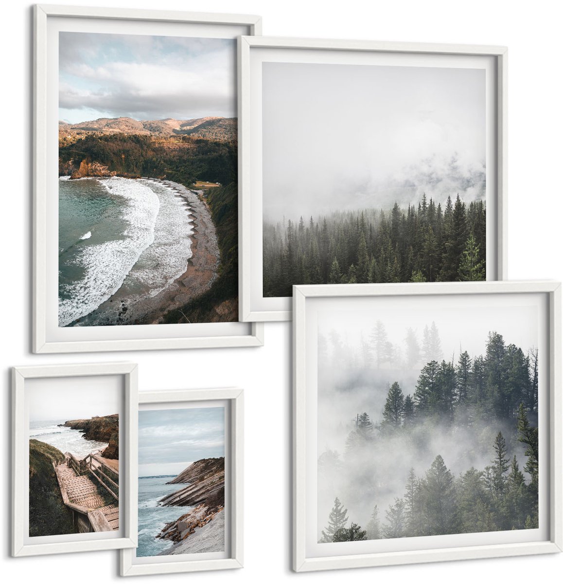 Tulup 4-Delige Schilderij Set - Kustlandschappen met bossen en bergheuvels - 50 x 50 cm, 20 x 30 cm en 40 x 60 cm - Muurdecoratie - Wanddecoratie - Slaapkamer - Woonkamer Decoratie