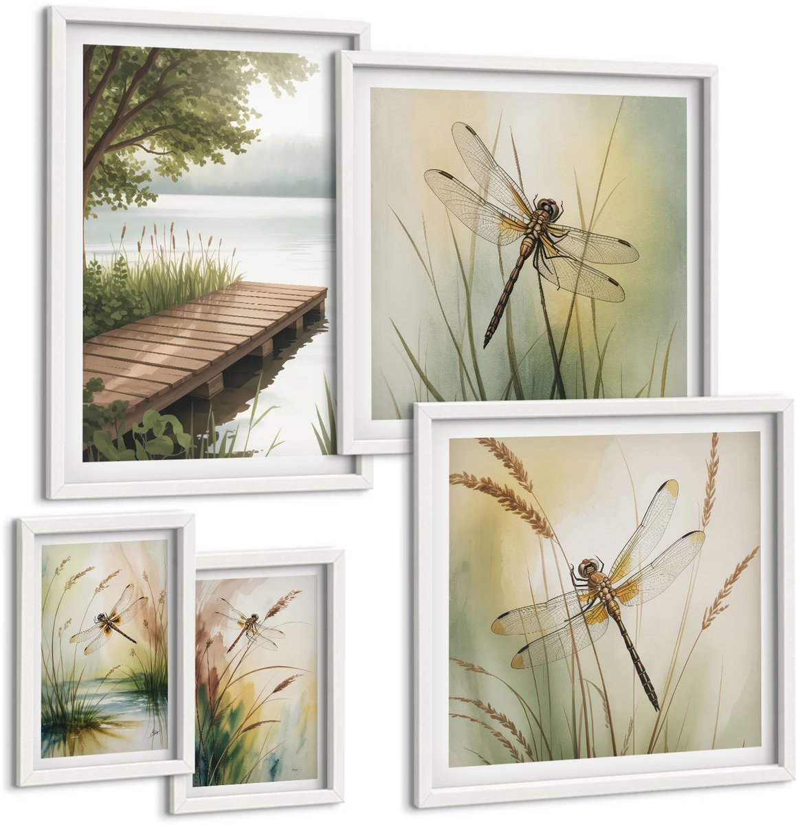 Tulup 4-Delige Schilderij Set - Vredige landschappen met libellen op het water en de oever. - 50 x 50 cm, 20 x 30 cm en 40 x 60 cm - Wanddecoratie - Schilderijen Set - Interieur - Muurdecoratie