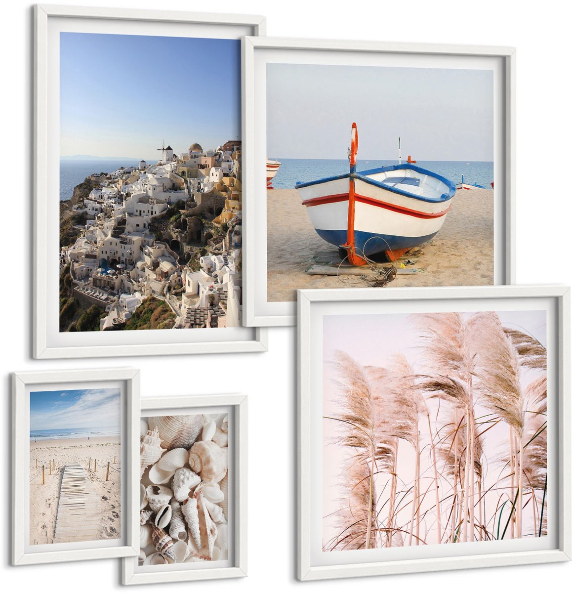Tulup 4-Delige Schilderij Set - Kustlandschappen met stranden en witte gebouwen - 50 x 50 cm, 20 x 30 cm en 40 x 60 cm - Decoratieve Muurdecoratie - Slaapkamer