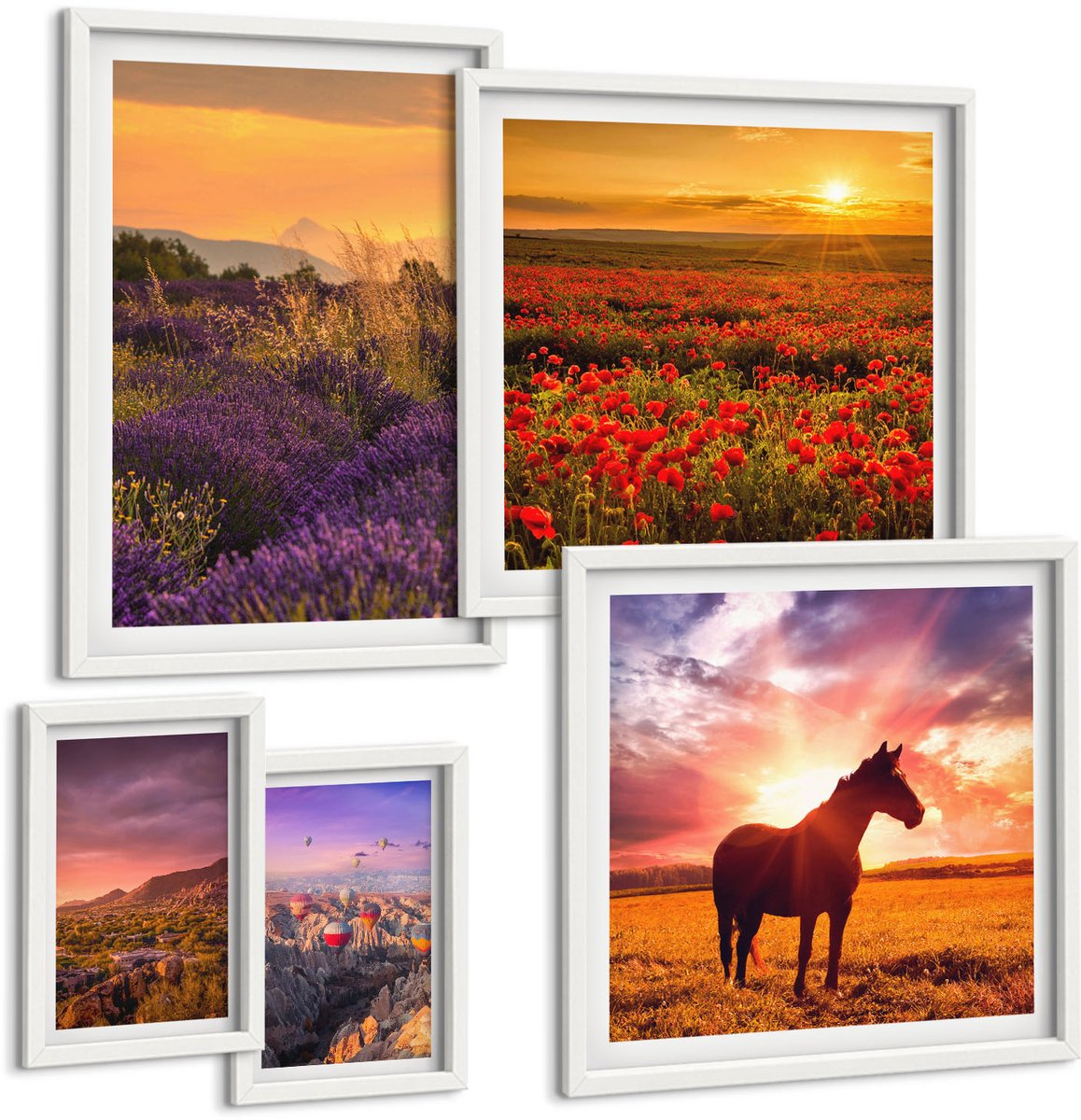 Tulup 4-Delige Schilderij Set - Natuurlandschappen met paarden en bloemen in de buitenlucht - 50 x 50 cm, 20 x 30 cm en 40 x 60 cm - Muurdecoratie - Interieur Decoratie - Moderne Wanddecoratie