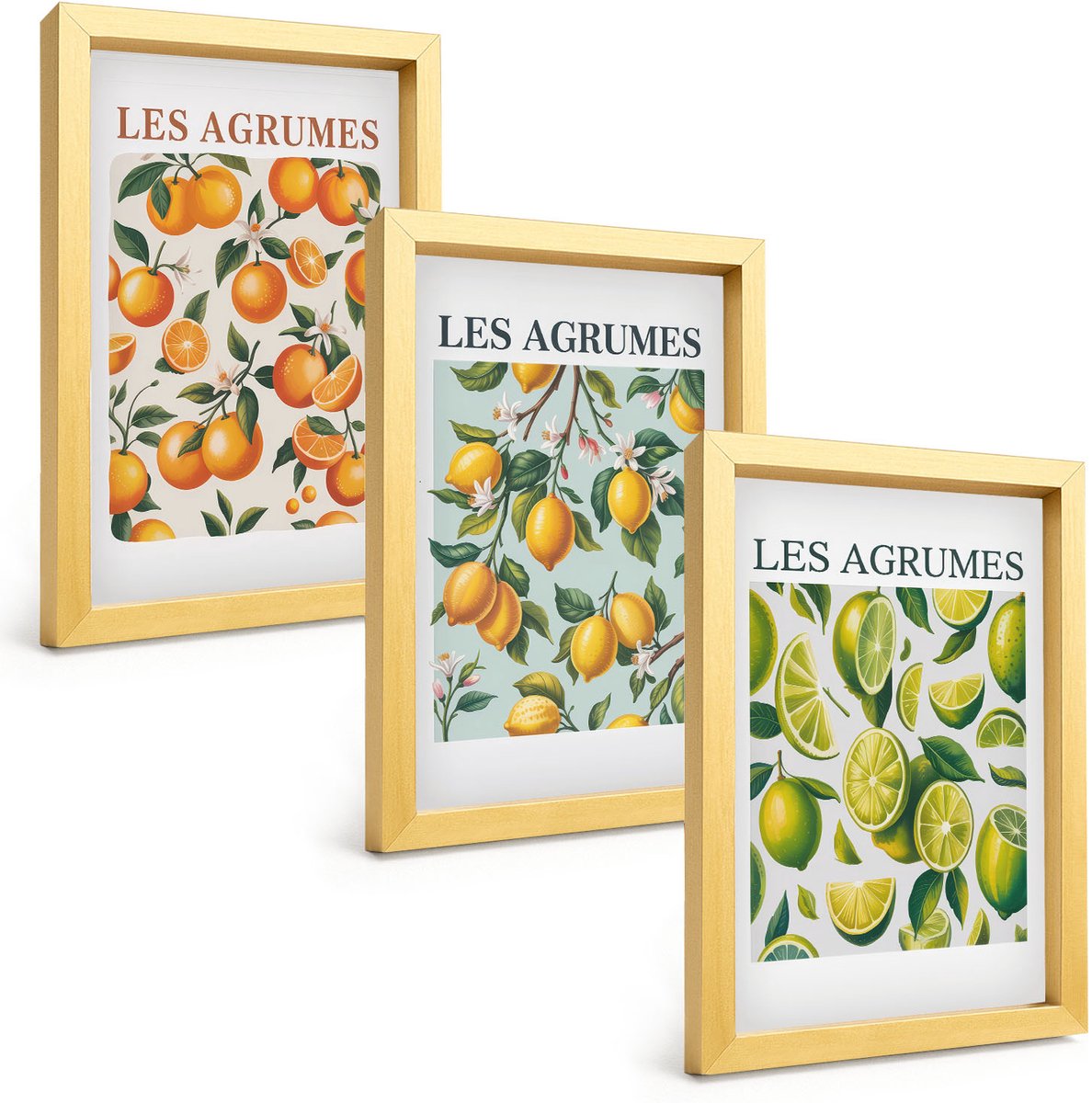TULUP 4-Delige Schilderij Set - Fruitige citruspatronen in pastelkleuren - 20 x 30 cm - Schilderijen Set - Wanddecoratie - Woonkamer Gouden lijst
