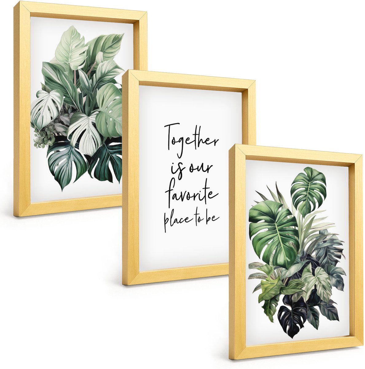 TULUP 4-Delige Schilderij Set - Groene bladeren van tropische planten met decoratieve inscriptie - 20 x 30 cm - Moderne Wanddecoratie - Slaapkamer - Muurdecoratie Gouden lijst