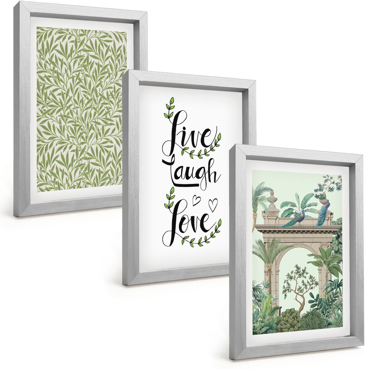 Tulup 4-Delige Schilderij Set - Groene bladeren als lettertype en exotische planten in de architectuur - 20 x 30 cm - Stijlvolle Muurdecoratie - Kantoor - Moderne Wanddecoratie