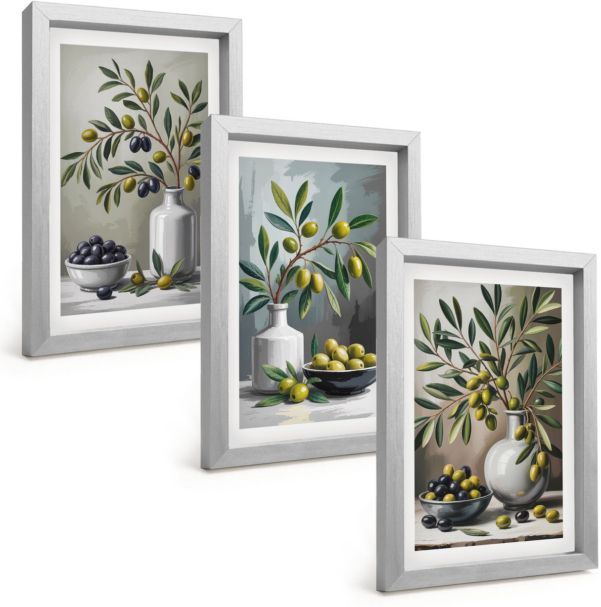 Tulup 4-Delige Schilderij Set - Olijven in keramische schalen op een grijze achtergrond - 20 x 30 cm - Wanddecoratie - Muurdecoratie - Moderne Interieurdecoratie