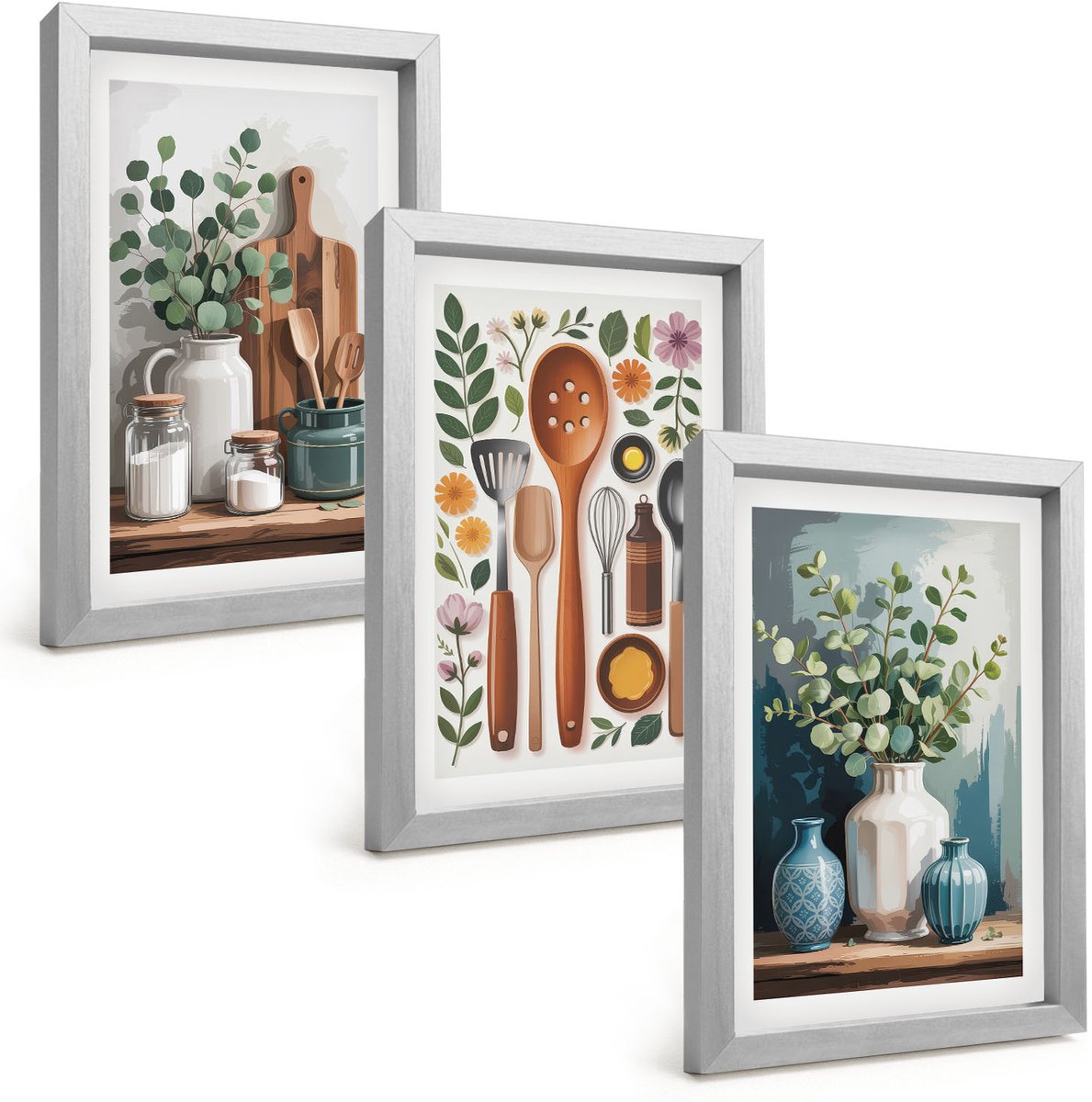 Tulup 4-Delige Schilderij Set - Keukenaccessoires met planten in een moderne stijl - 20 x 30 cm - Stijlvolle Muurdecoratie - Slaapkamer