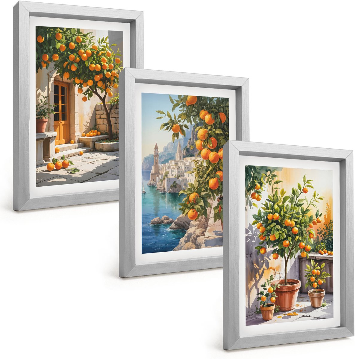 Tulup 4-Delige Schilderij Set - Geschilderde citrusvruchten en kustlandschappen - 20 x 30 cm - Muurdecoratie - Wanddecoratie - Slaapkamer - Moderne Wanddecoratie
