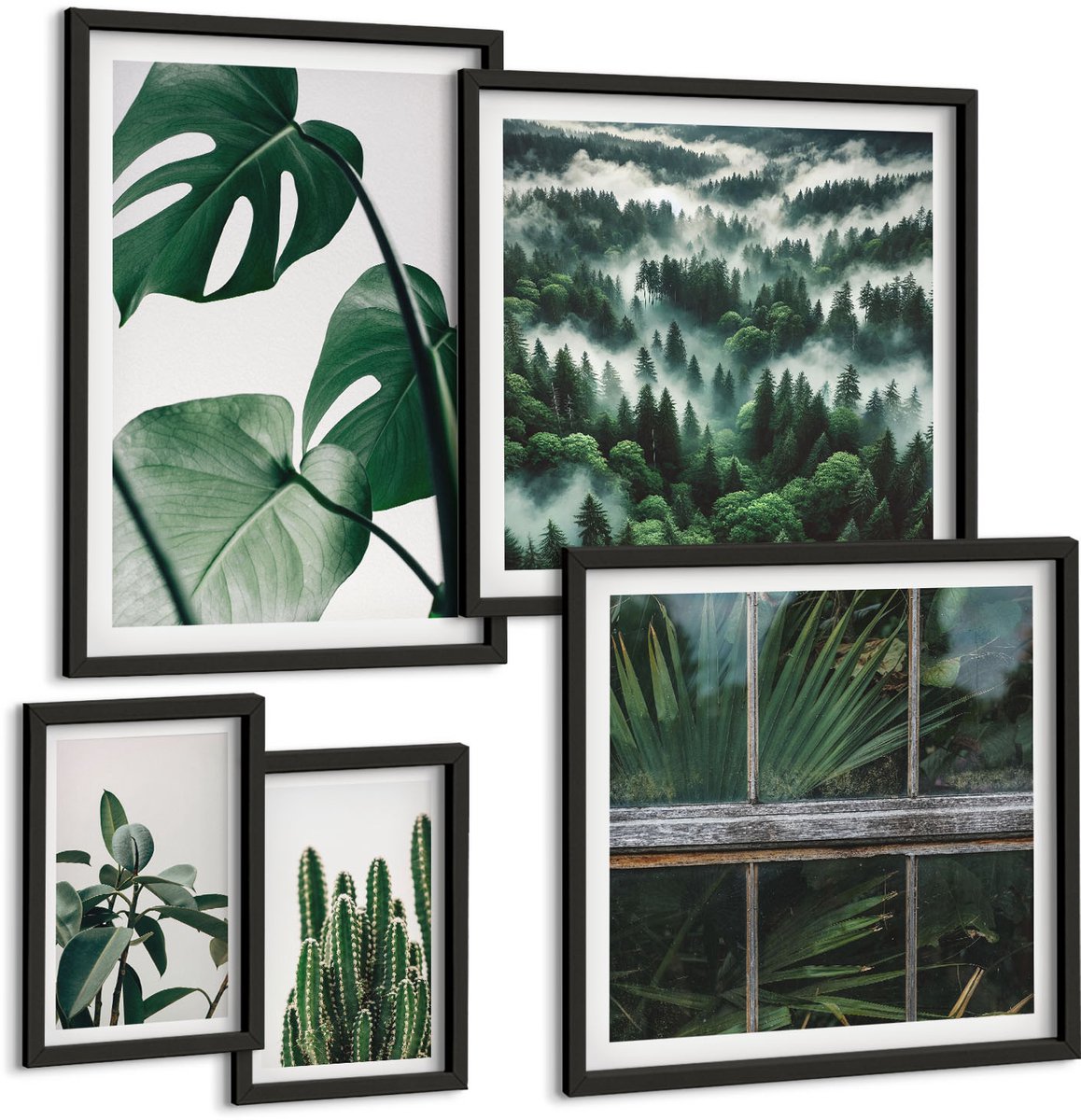 Tulup 4-Delige Schilderij Set - Planteninspiratie met tropische bladeren en cactussen - 50 x 50 cm, 20 x 30 cm en 40 x 60 cm - Wanddecoratie - Woonkamer Decoratie