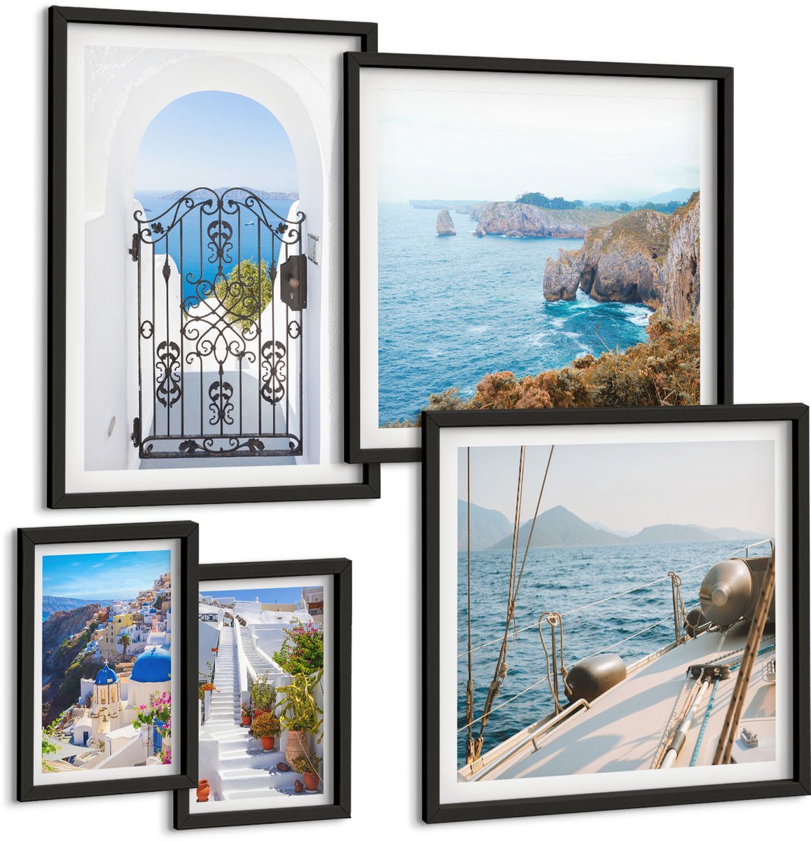 Tulup 4-Delige Schilderij Set - Landschappen van Griekenland: uitzicht op zee en architectuur - 50 x 50 cm, 20 x 30 cm en 40 x 60 cm - Schilderijen Set - Wanddecoratie - Woonkamer - Woonkamer Decoratie