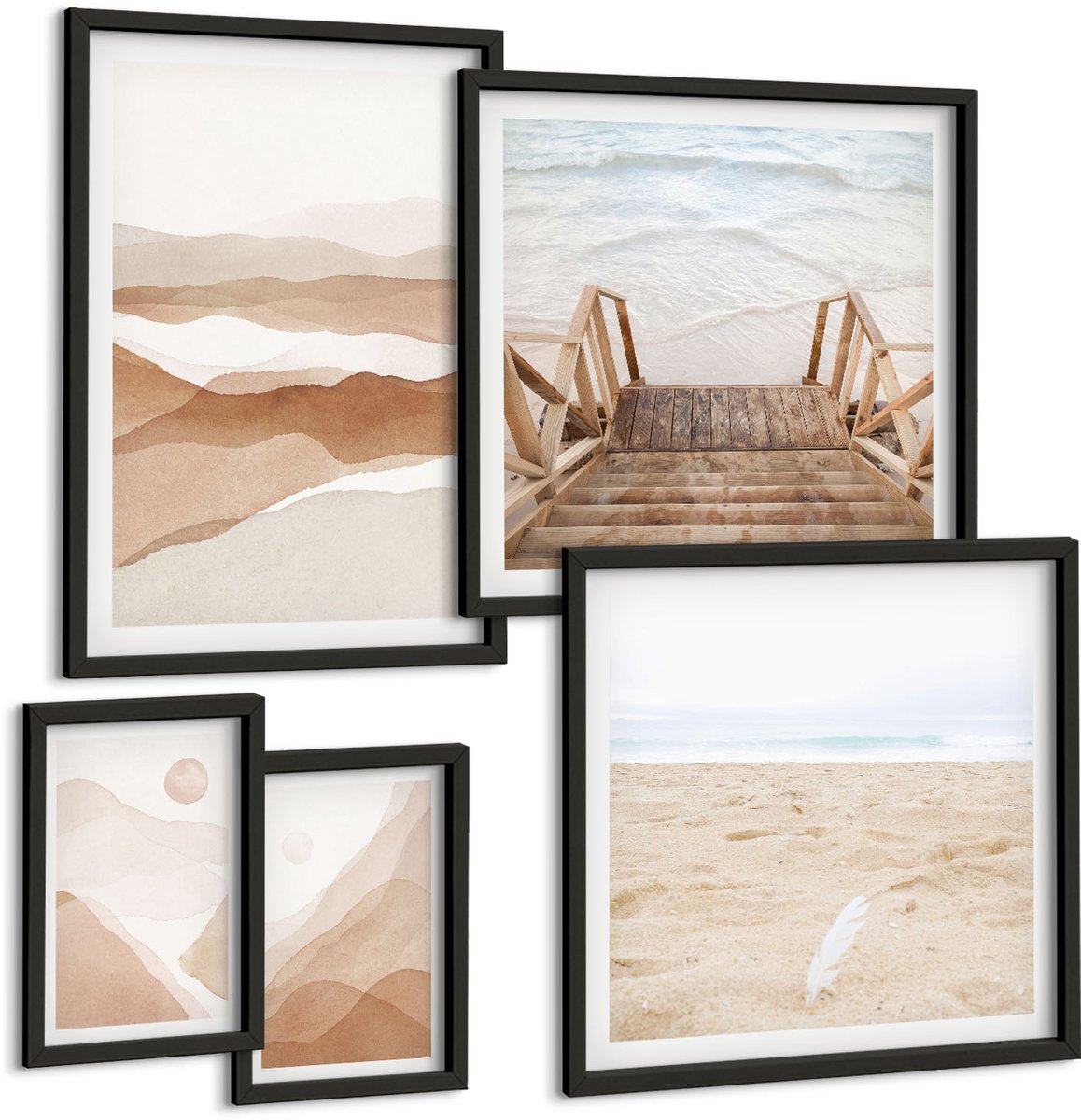 Tulup 4-Delige Schilderij Set - Minimalistische strand- en berglandschappen in natuurlijke tinten. - 50 x 50 cm, 20 x 30 cm en 40 x 60 cm - Muurdecoratie - Wanddecoratie - Slaapkamer