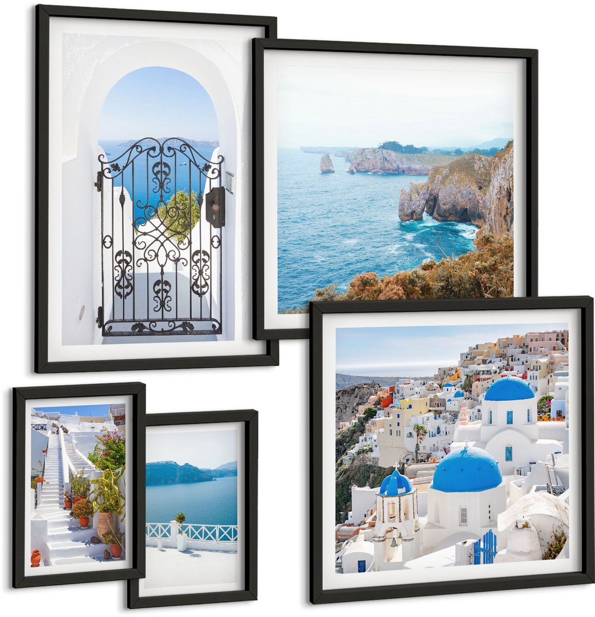 Tulup 4-Delige Schilderij Set - Uitzicht op Santorini: de blauwe zee en de witte huizen. - 50 x 50 cm, 20 x 30 cm en 40 x 60 cm - Decoratieve Schilderijen - Wanddecoratie - Hal - Interieur Decoratie