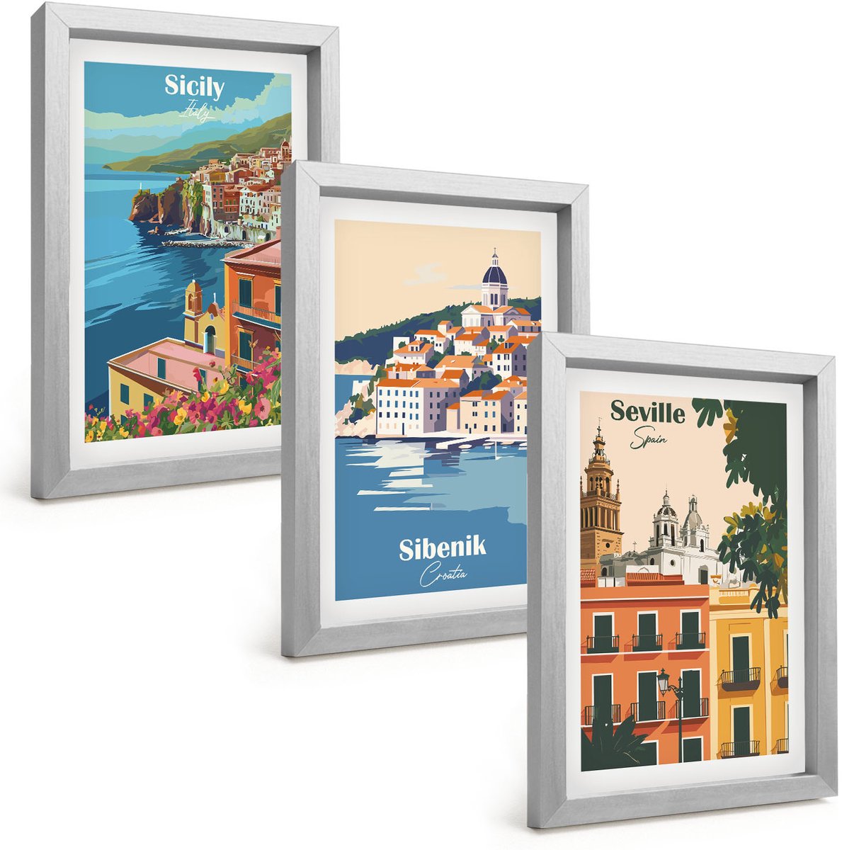 Tulup 4-Delige Schilderij Set - Europese stadsgezichten met kleurrijke gebouwen - 20 x 30 cm - Moderne Wanddecoratie - Woonkamer - Decoratieve Schilderijen