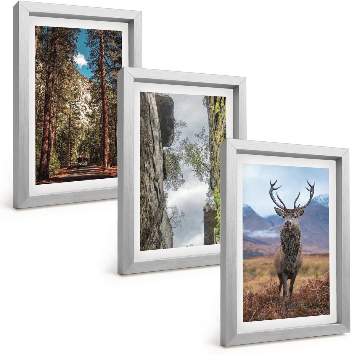 Tulup 4-Delige Schilderij Set - Weg door het bos, bergen en herten in de natuur. - 20 x 30 cm - Muurdecoratie - Wanddecoratie - Slaapkamer - Stijlvolle Muurdecoratie
