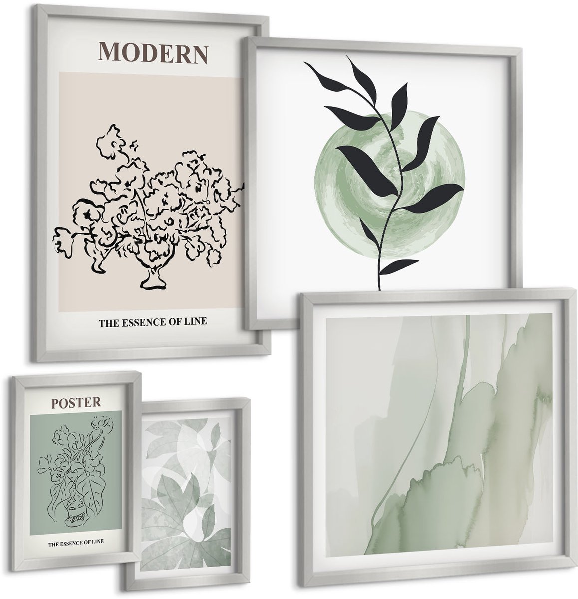 TULUP 4-Delige Schilderij Set - Moderne decoraties in minimalistische stijl met plantmotieven - 50 x 50 cm, 20 x 30 cm en 40 x 60 cm - Decoratieve Schilderijen - Wanddecoratie - Hal - Woonkamer Decoratie Zilveren lijst