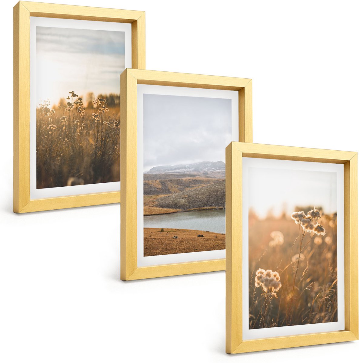 TULUP 4-Delige Schilderij Set - Landschappen met weilanden, bergen en een meer op de achtergrond. - 20 x 30 cm - Wanddecoratie - Muurdecoratie - Moderne Interieurdecoratie - Stijlvolle Muurdecoratie Gouden lijst