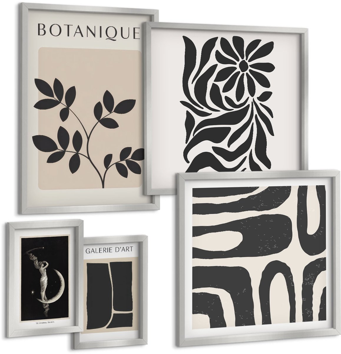 TULUP 4-Delige Schilderij Set - Moderne plantmotieven in een minimalistische stijl - 50 x 50 cm, 20 x 30 cm en 40 x 60 cm - Stijlvolle Muurdecoratie - Kantoor - Moderne Wanddecoratie Zilveren lijst