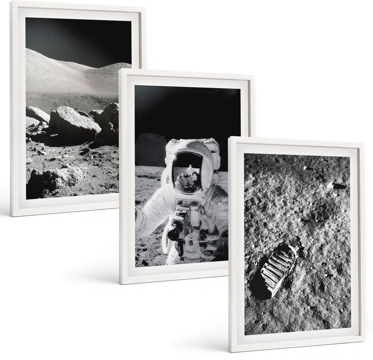 Tulup 3-Delige Schilderij Set - Maanfoto's met astronaut en voetafdruk - 40x60 - Wanddecoratie - Schilderijen Set - Kantoor - Stijlvolle Muurdecoratie