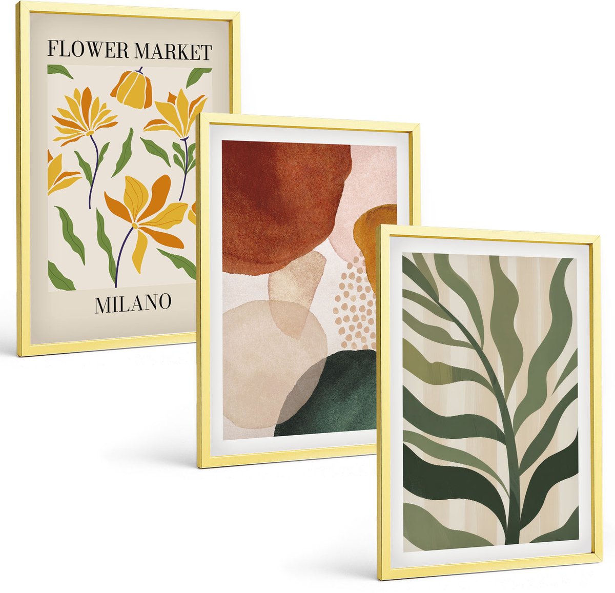 TULUP 4-Delige Schilderij Set - Bloemmotieven met abstracte vormen en bladeren - 40 x 60 cm - Wanddecoratie - Muurdecoratie - Moderne Interieurdecoratie Gouden lijst