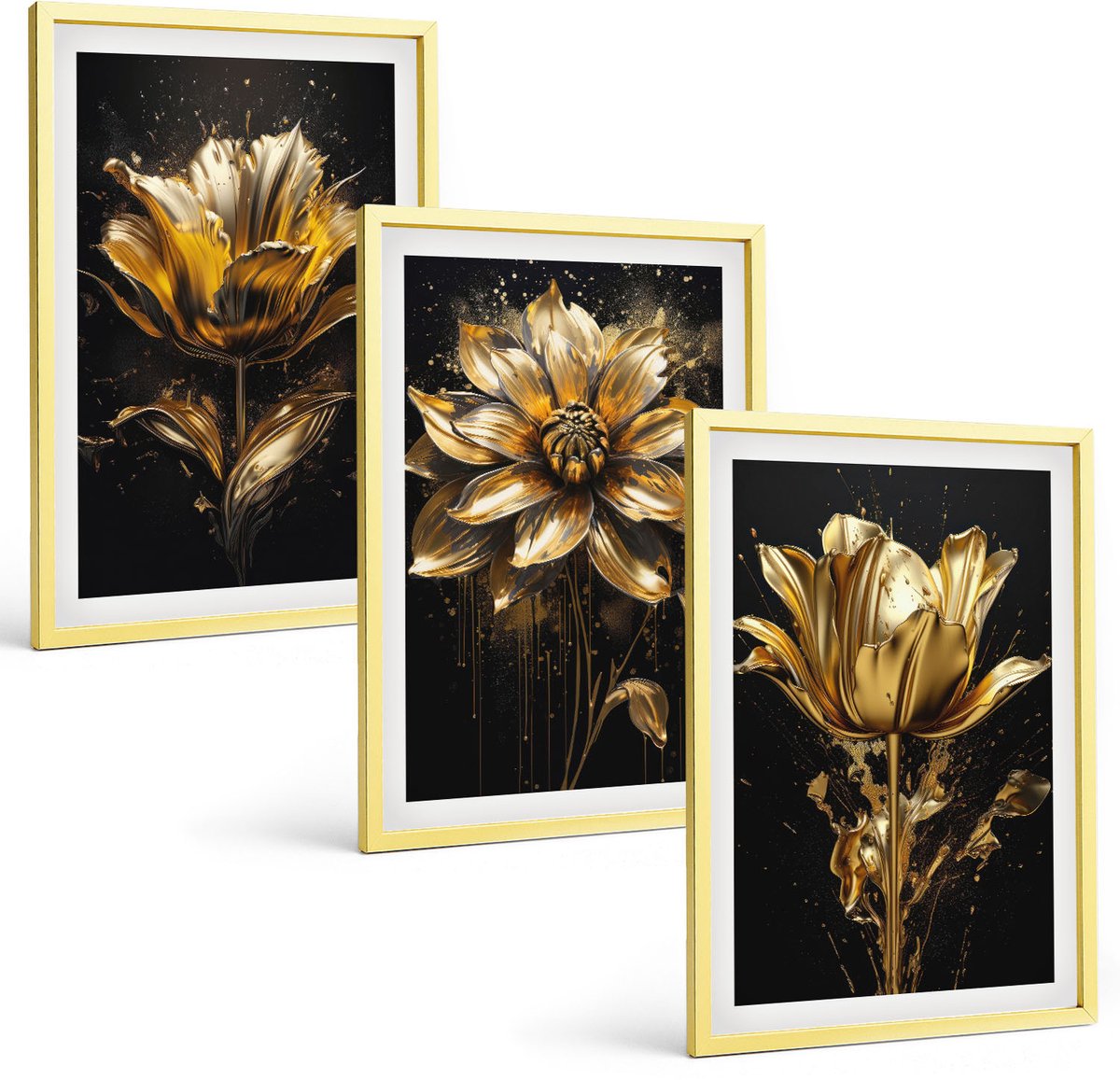 TULUP 4-Delige Schilderij Set - Bloemen in verschillende tinten geel op een donkere achtergrond - 40 x 60 cm - Wanddecoratie - Muurdecoratie - Moderne Interieurdecoratie - Woonkamer Decoratie Gouden lijst