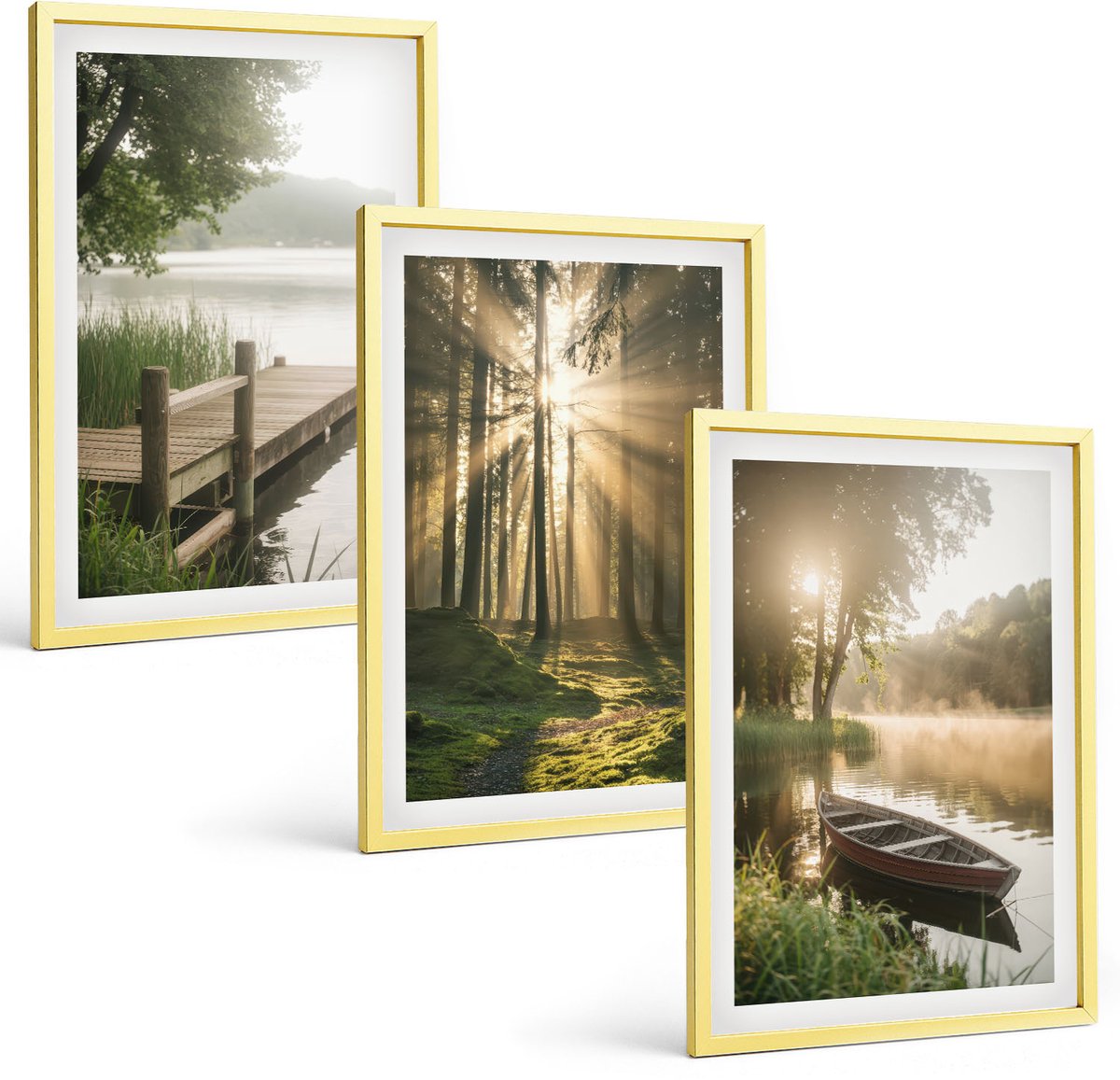 TULUP 4-Delige Schilderij Set - Rustig meer, bos en boot in de ochtendmist - 40 x 60 cm - Muurdecoratie - Wanddecoratie - Hal - Interieur Decoratie Gouden lijst