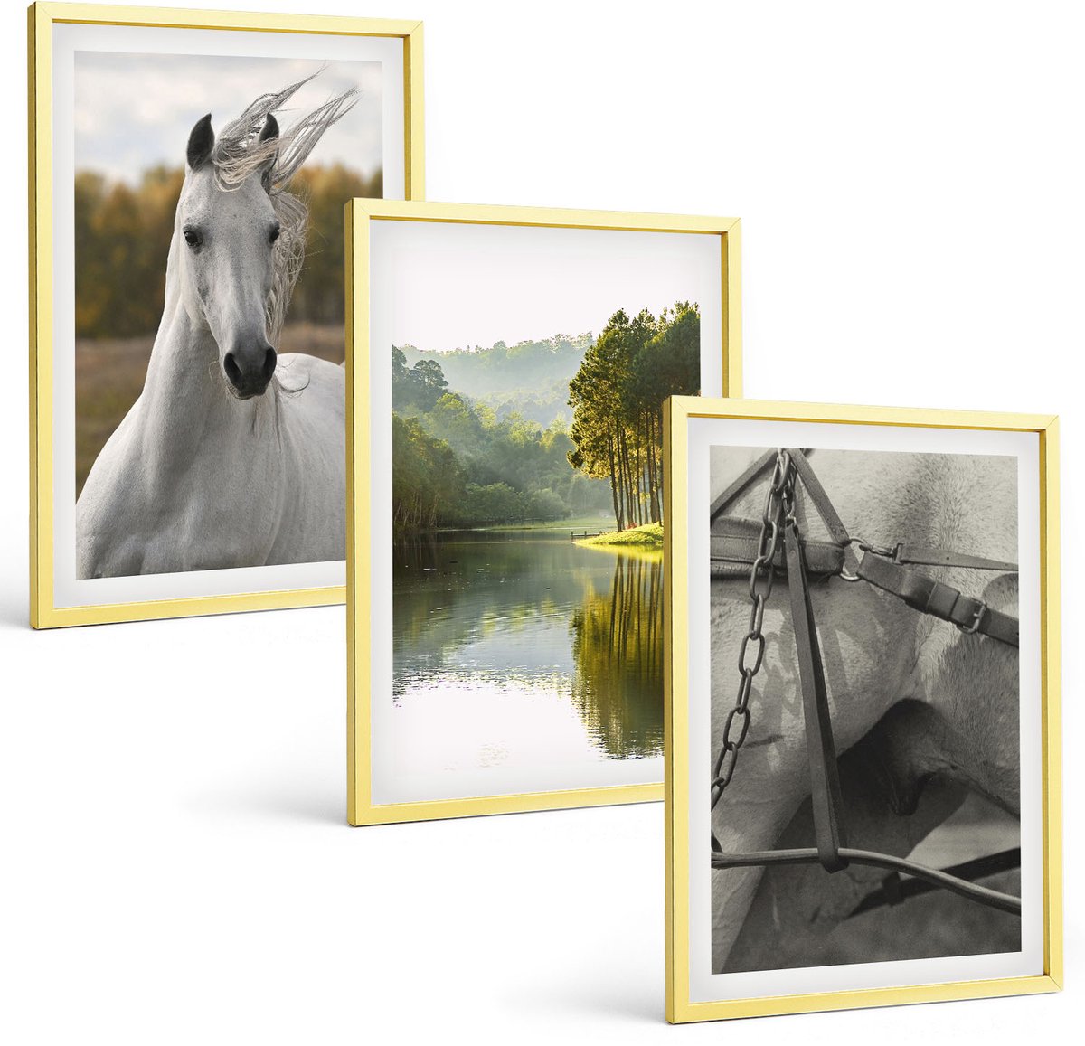 TULUP 4-Delige Schilderij Set - Witte paarden aan de rivier - Natuurlandschap - 40 x 60 cm - Stijlvolle Wanddecoratie - Interieur - Stijlvolle Muurdecoratie Gouden lijst