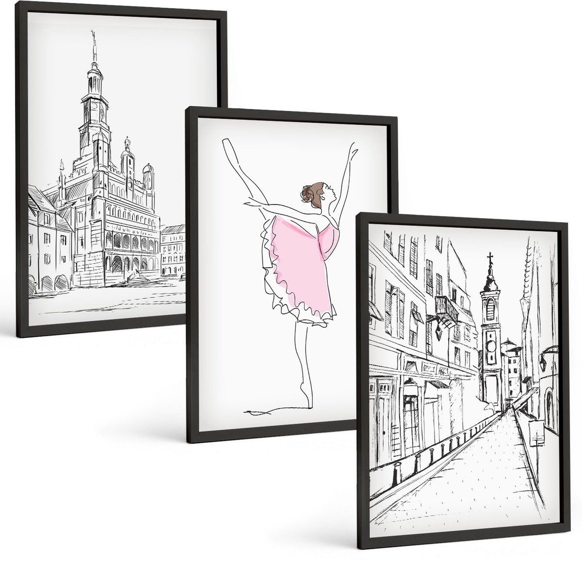 Tulup 4-Delige Schilderij Set - Stijlvolle schilderijen van een dansende ballerina en architectuur. - 40 x 60 cm - Wanddecoratie - Schilderijen Set - Interieur - Stijlvolle Muurdecoratie