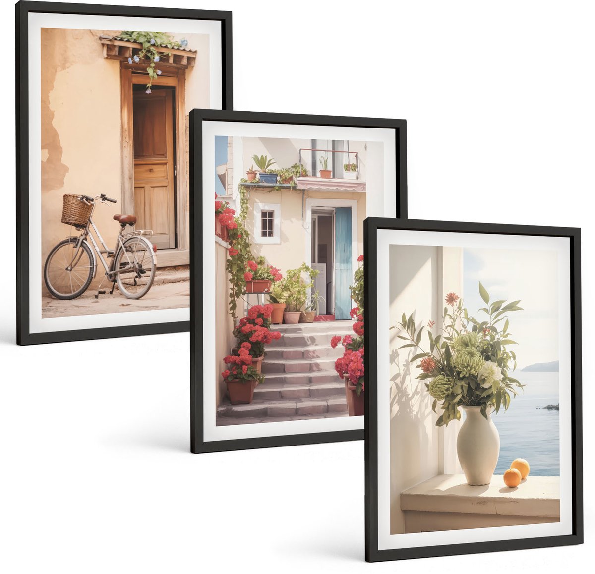 Tulup 4-Delige Schilderij Set - Charmante straatjes langs de kust met bloemen en fietsen. - 40 x 60 cm - Wanddecoratie - Muurdecoratie - Moderne Interieurdecoratie - Moderne Wanddecoratie