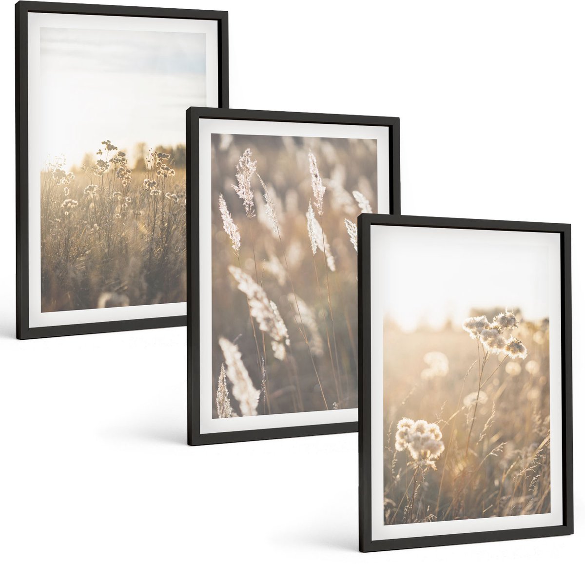 Tulup 4-Delige Schilderij Set - Landschap met grassen en bloemen in warme tinten. - 40 x 60 cm - Wanddecoratie - Woonkamer Decoratie - Stijlvolle Muurdecoratie
