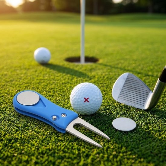 Blauw roestvrijstalen golf marker magnetisch green herstel gereedschap opklapbaar met bal markeerder draagbaar golf accessoire voor buiten — afbeelding 2