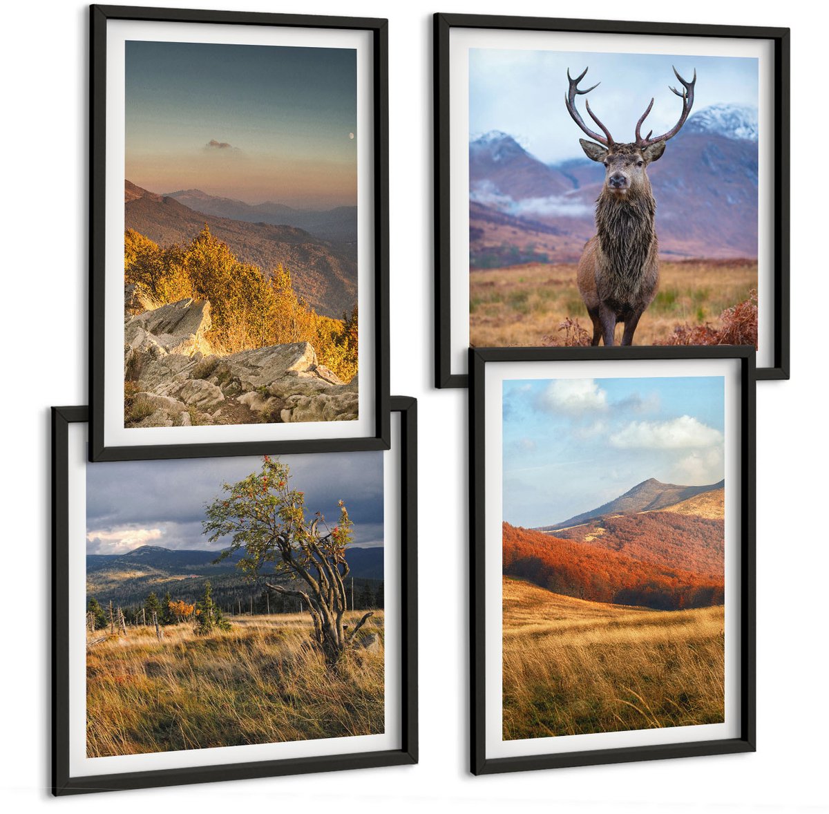 Tulup 4-Delige Schilderij Set - Berglandschappen Natuur Bergen Herten Grassen Open plekken - 40 x 40 cm en 40 x 60 cm - Decoratieve Schilderijen - Woonkamer - Interieur - Wanddecoratie