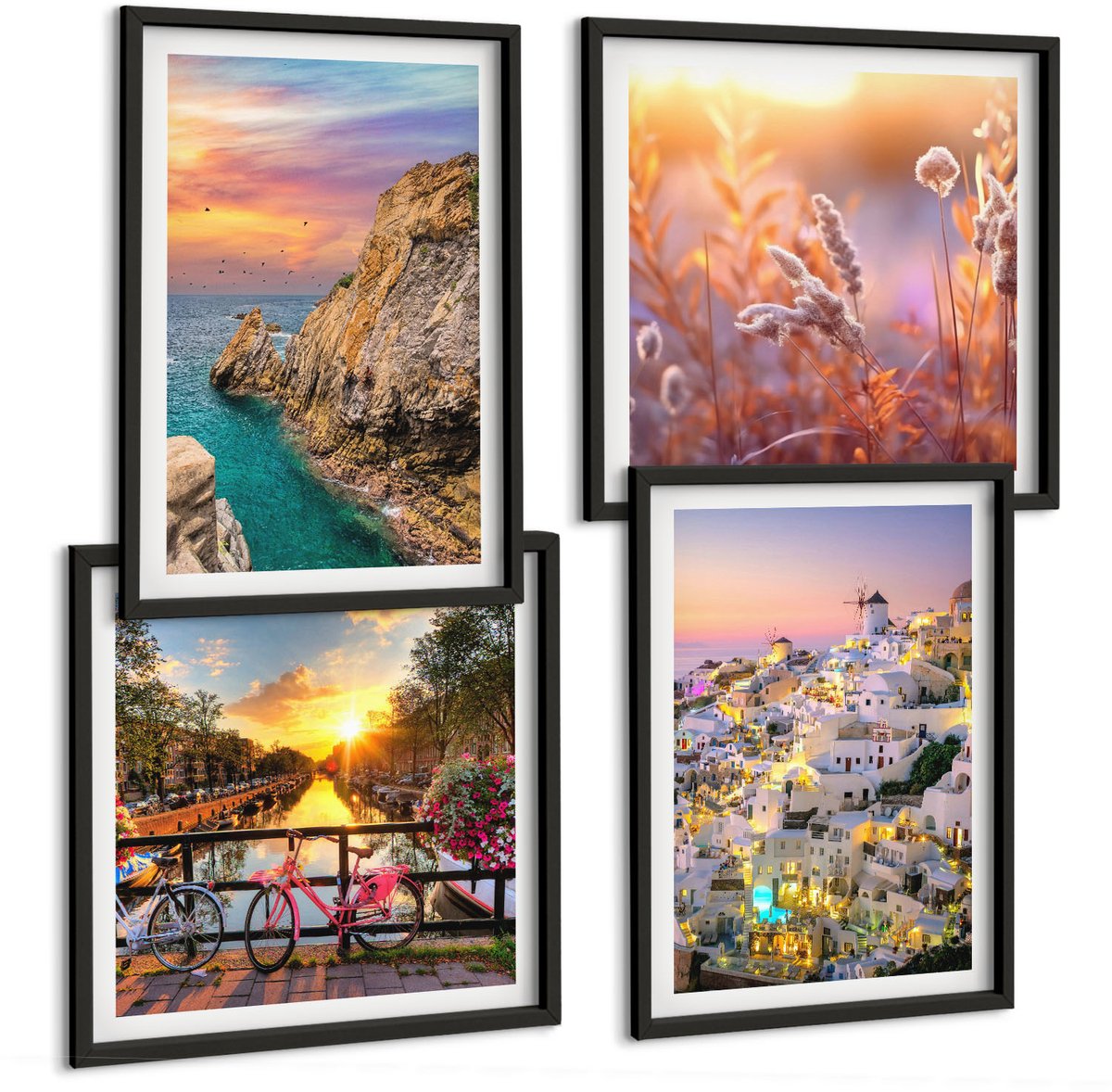 Tulup 4-Delige Schilderij Set - Uitzicht op zee met zonsondergang en de stad - 40 x 40 cm en 40 x 60 cm - Wanddecoratie - Woonkamer Decoratie