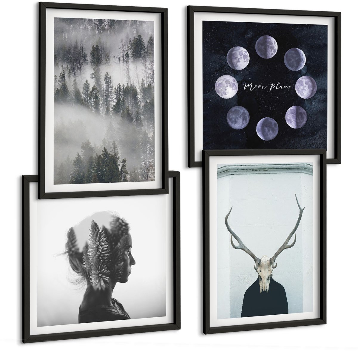 Tulup 4-Delige Schilderij Set - Bos in de mist Maanfasen Hertenschedel Vrouw - 40 x 40 cm en 40 x 60 cm - Muurdecoratie - Interieur Decoratie
