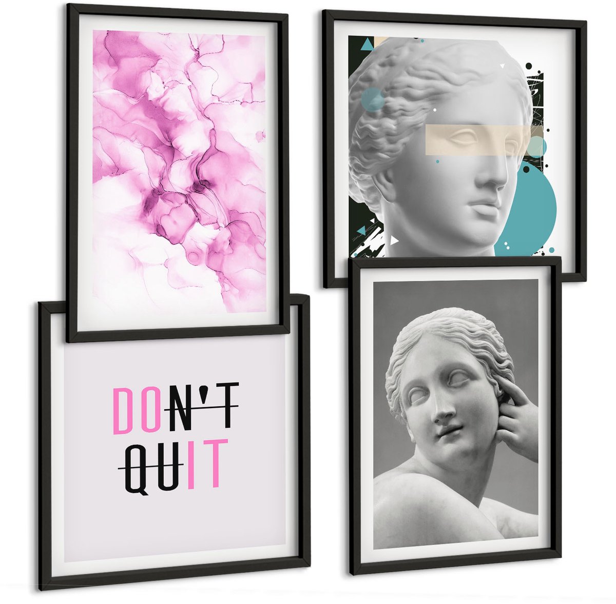 Tulup 4-Delige Schilderij Set - Aquarel Abstracte Inspirerende Slogan Antieke Beelden - 40 x 40 cm en 40 x 60 cm - Muurdecoratie - Schilderijen Set - Woonkamer - Moderne Wanddecoratie