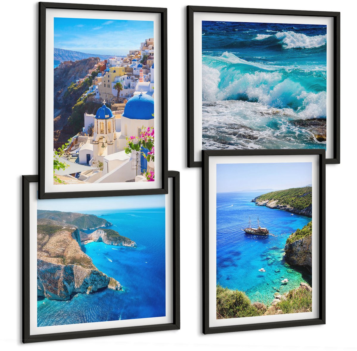 Tulup 4-Delige Schilderij Set - Uitzicht op de Griekse kust en het stadje Oia op Santorini - 40 x 40 cm en 40 x 60 cm - Decoratieve Muurdecoratie - Slaapkamer - Wanddecoratie