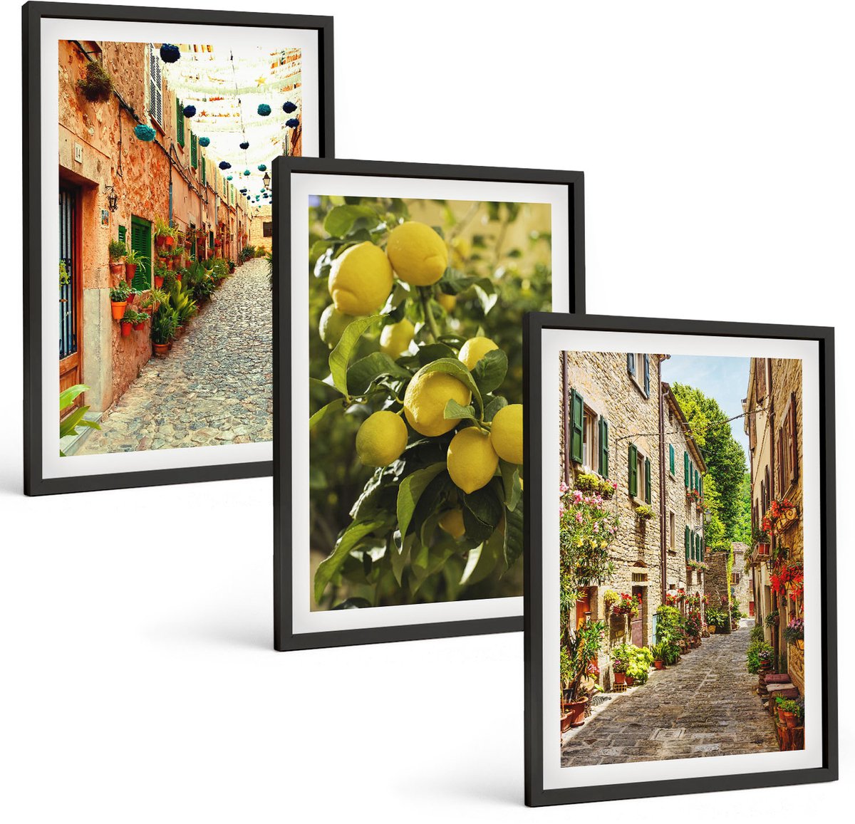 Tulup 4-Delige Schilderij Set - Sfeervolle straatjes met bloemen en citroenen op de achtergrond. - 40 x 60 cm - Wanddecoratie - Muurdecoratie - Woonkamer - Moderne Wanddecoratie