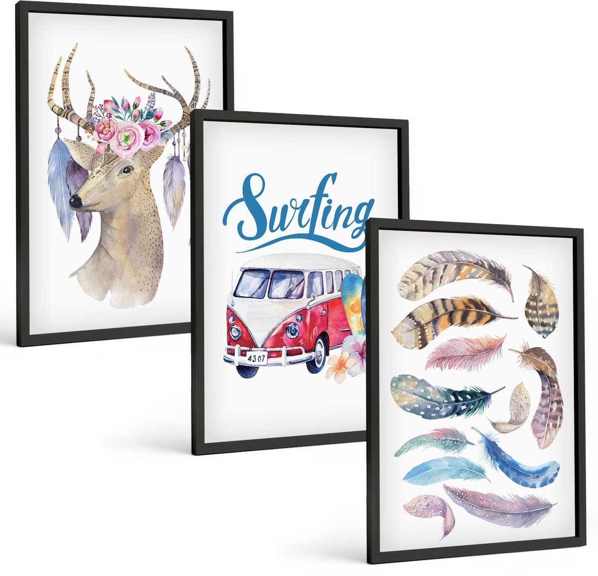 Tulup 4-Delige Schilderij Set - Hert met gewei, bloemen en veren, vakantiebusje - 40 x 60 cm - Moderne Wanddecoratie - Slaapkamer