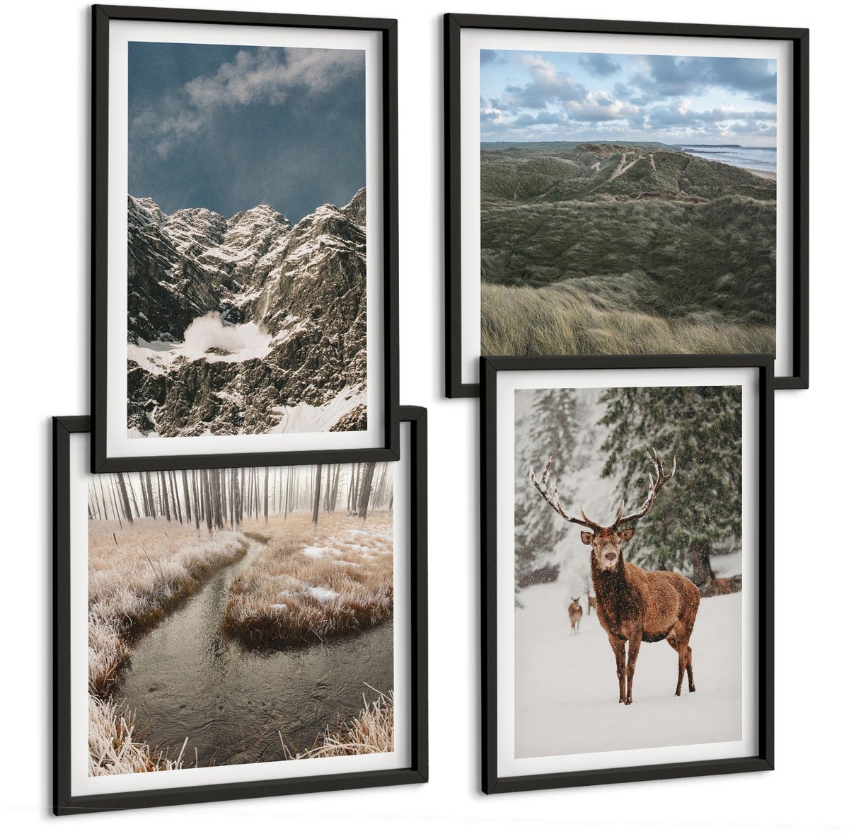 Tulup 4-Delige Schilderij Set - Bergen met sneeuwherten in boslandschappen - 40 x 40 cm en 40 x 60 cm - Wanddecoratie - Moderne Interieurdecoratie - Woonkamer Decoratie