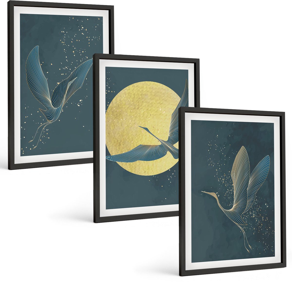Tulup 4-Delige Schilderij Set - Kraanvogels in vlucht tegen de achtergrond van de maan en de sterren. - 40 x 60 cm - Wanddecoratie - Schilderijen Set - Interieur - Interieur Decoratie