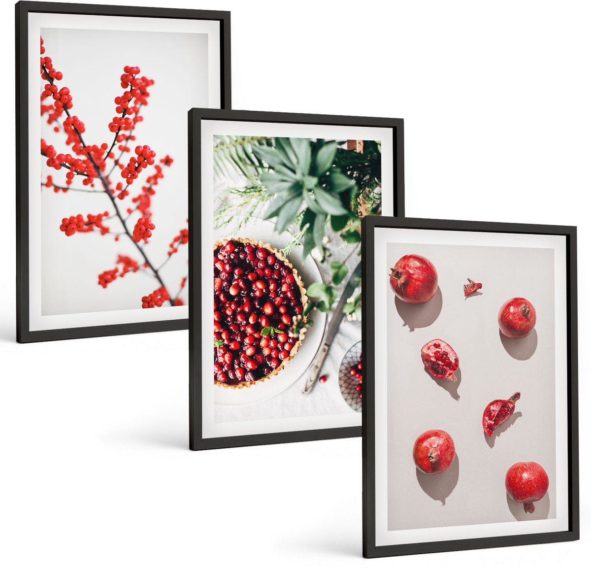 Tulup 4-Delige Schilderij Set - Rode vruchten en planten in een minimalistische stijl - 40 x 60 cm - Stijlvolle Wanddecoratie - Interieur - Muurdecoratie
