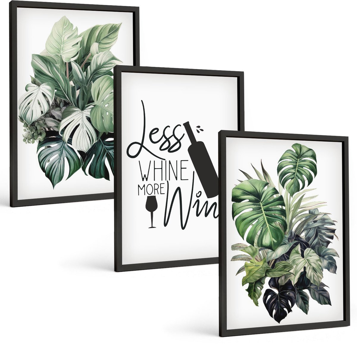 Tulup 4-Delige Schilderij Set - Groene plantenbladeren met het opschrift "wijn". - 40 x 60 cm - Wanddecoratie - Woonkamer Decoratie - Muurdecoratie