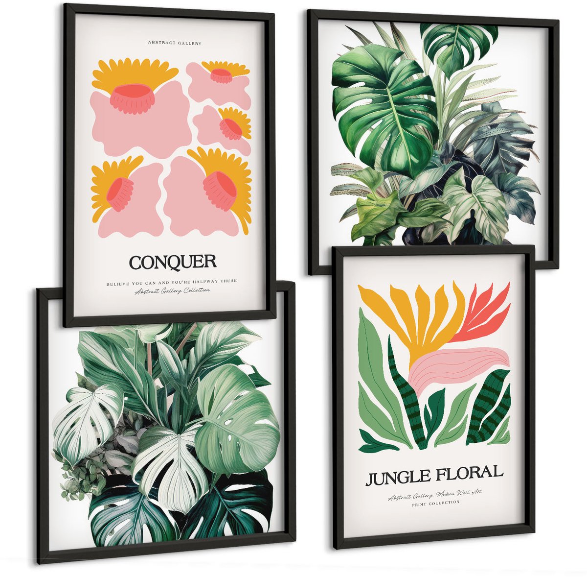 Tulup 4-Delige Schilderij Set - Bloemen en bladeren in moderne stijl op posters - 40 x 40 cm en 40 x 60 cm - Decoratieve Schilderijen - Woonkamer - Interieur - Moderne Wanddecoratie