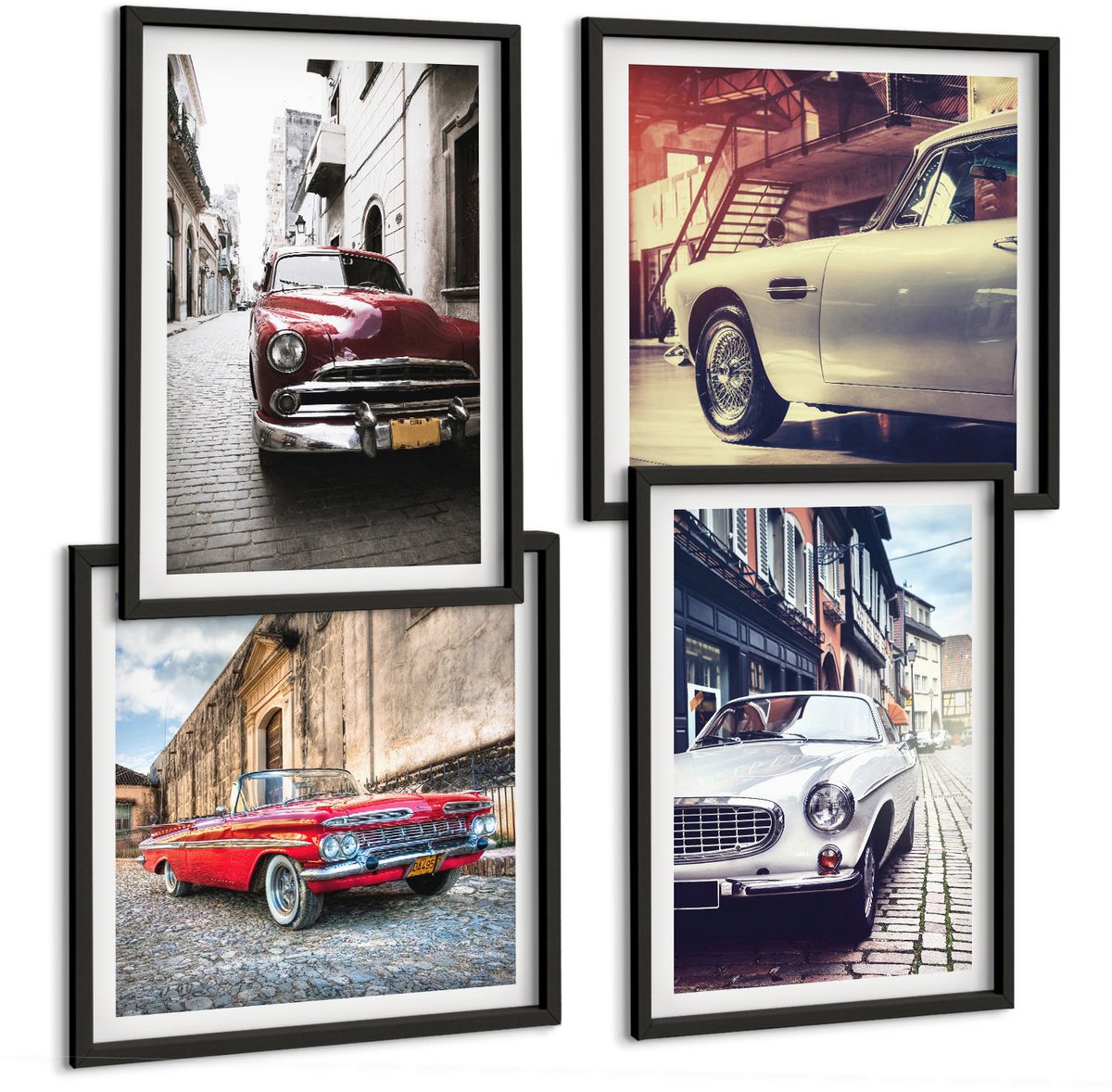 Tulup 4-Delige Schilderij Set - Klassieke auto's in verschillende kleuren op de straten van de stad. - 40 x 40 cm en 40 x 60 cm - Muurdecoratie - Schilderijen Set - Woonkamer - Woonkamer Decoratie