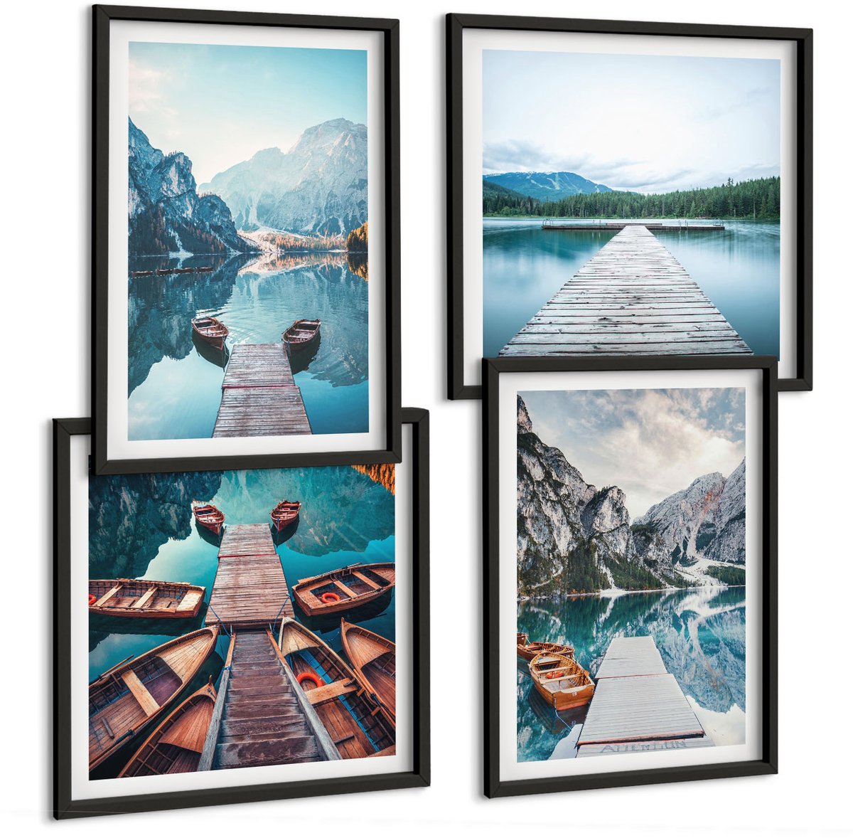 Tulup 4-Delige Schilderij Set - Een rustig meer met houten steigers en boten. - 40 x 40 cm en 40 x 60 cm - Decoratieve Muurdecoratie - Slaapkamer - Interieur Decoratie