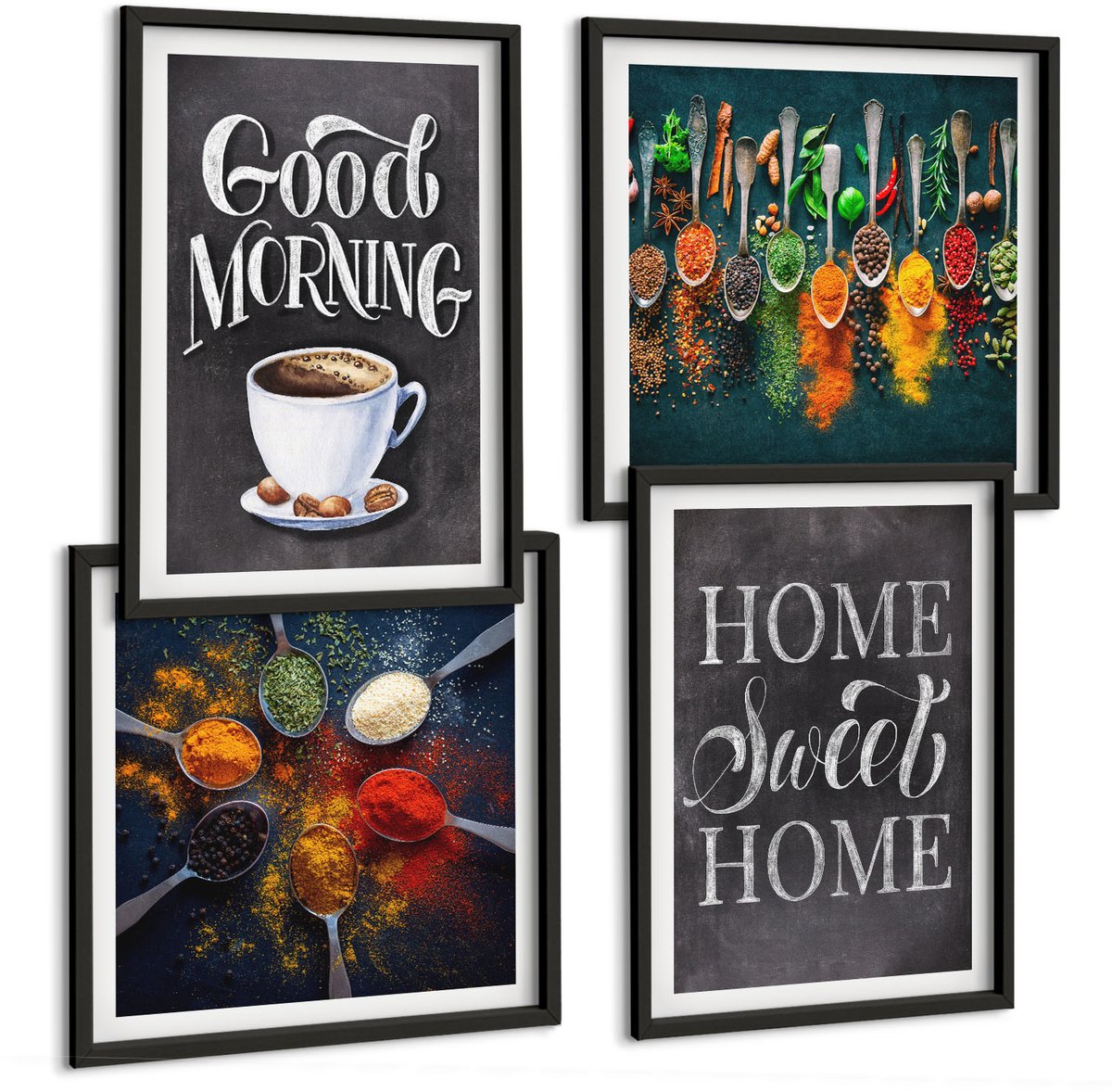 Tulup 4-Delige Schilderij Set - Kruidenkoffie met een kopje, keukenkruiden, specerijen - 40 x 40 cm en 40 x 60 cm - Wanddecoratie - Moderne Interieurdecoratie - Stijlvolle Muurdecoratie