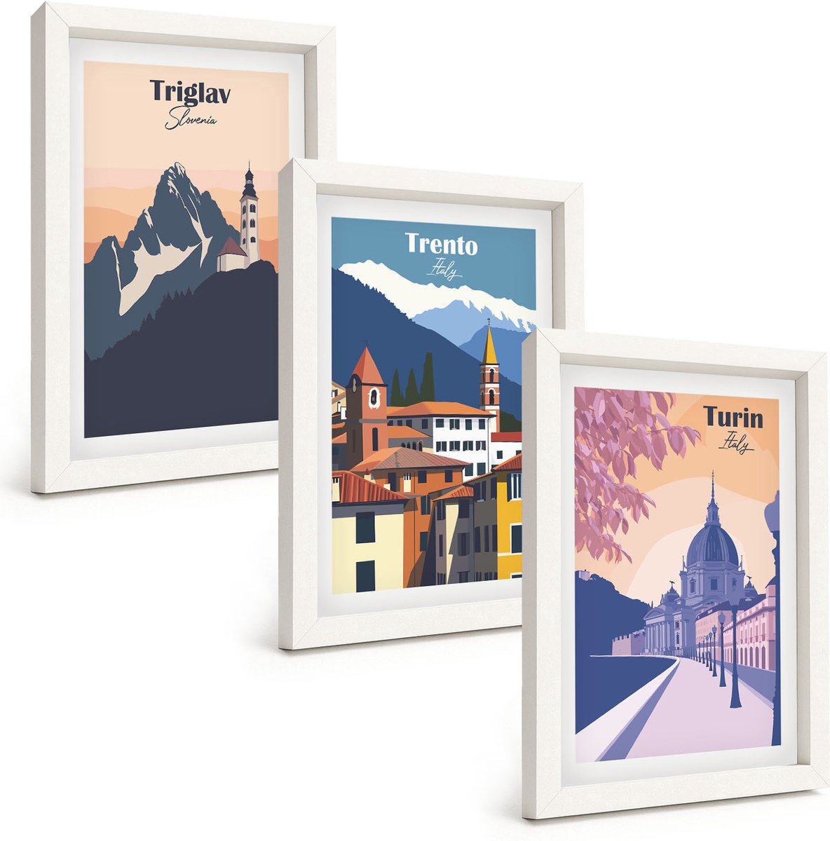 Tulup 3-Delige Schilderij Set - Bergen en architectuur, retro, kleurrijke illustraties - 20x30 - Muurdecoratie - Interieur Decoratie - Decoratieve Schilderijen