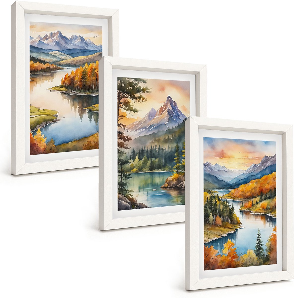 Tulup 3-Delige Schilderij Set - Berglandschappen met een rivier en kleurrijke bomen - 20x30 - Wanddecoratie - Moderne Interieurdecoratie