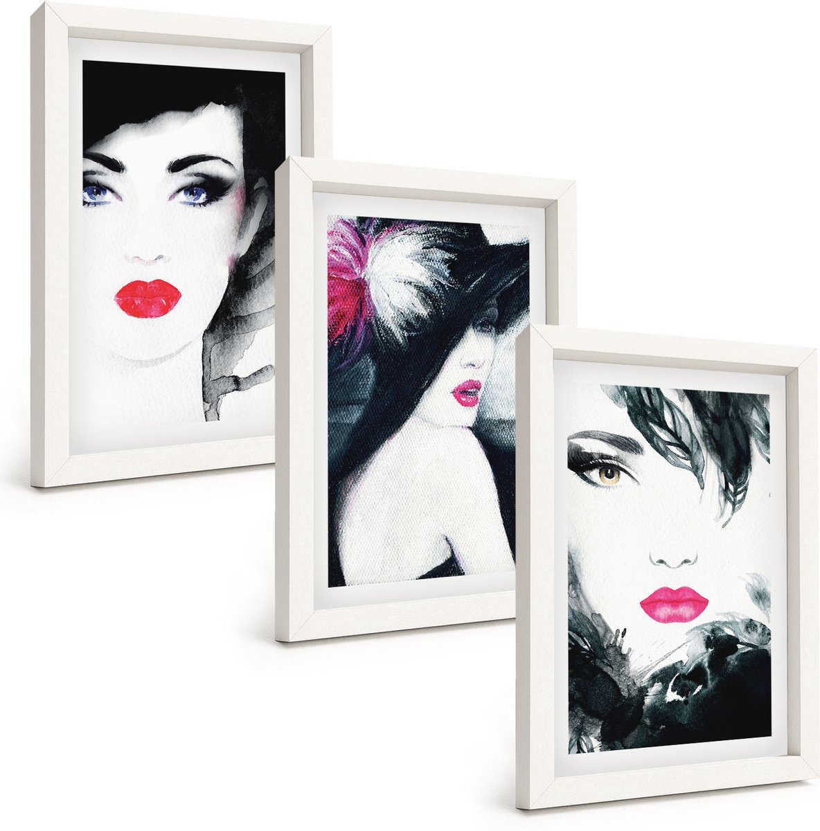 Tulup 3-Delige Schilderij Set - Geschilderde portretten van vrouwen met expressieve lippen - 20x30 - Wanddecoratie - Muurdecoratie - Moderne Interieurdecoratie