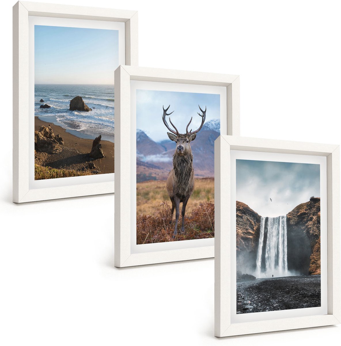 Tulup 3-Delige Schilderij Set - Berglandschappen met waterval, herten en strand - 20x30 - Stijlvolle Muurdecoratie - Kantoor - Interieur Decoratie