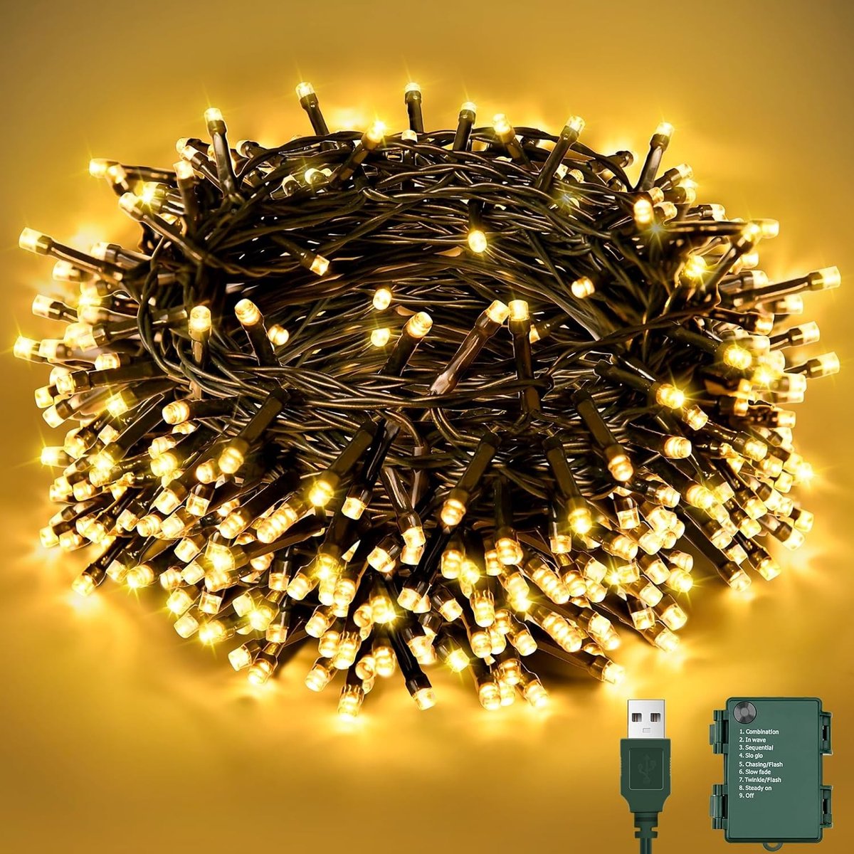 Lichtsnoer op Batterijen - Donkergroen - 10 m - Warmwit LED Lichtketting met Timer en 8 Modi - Voor Binnen en Buiten