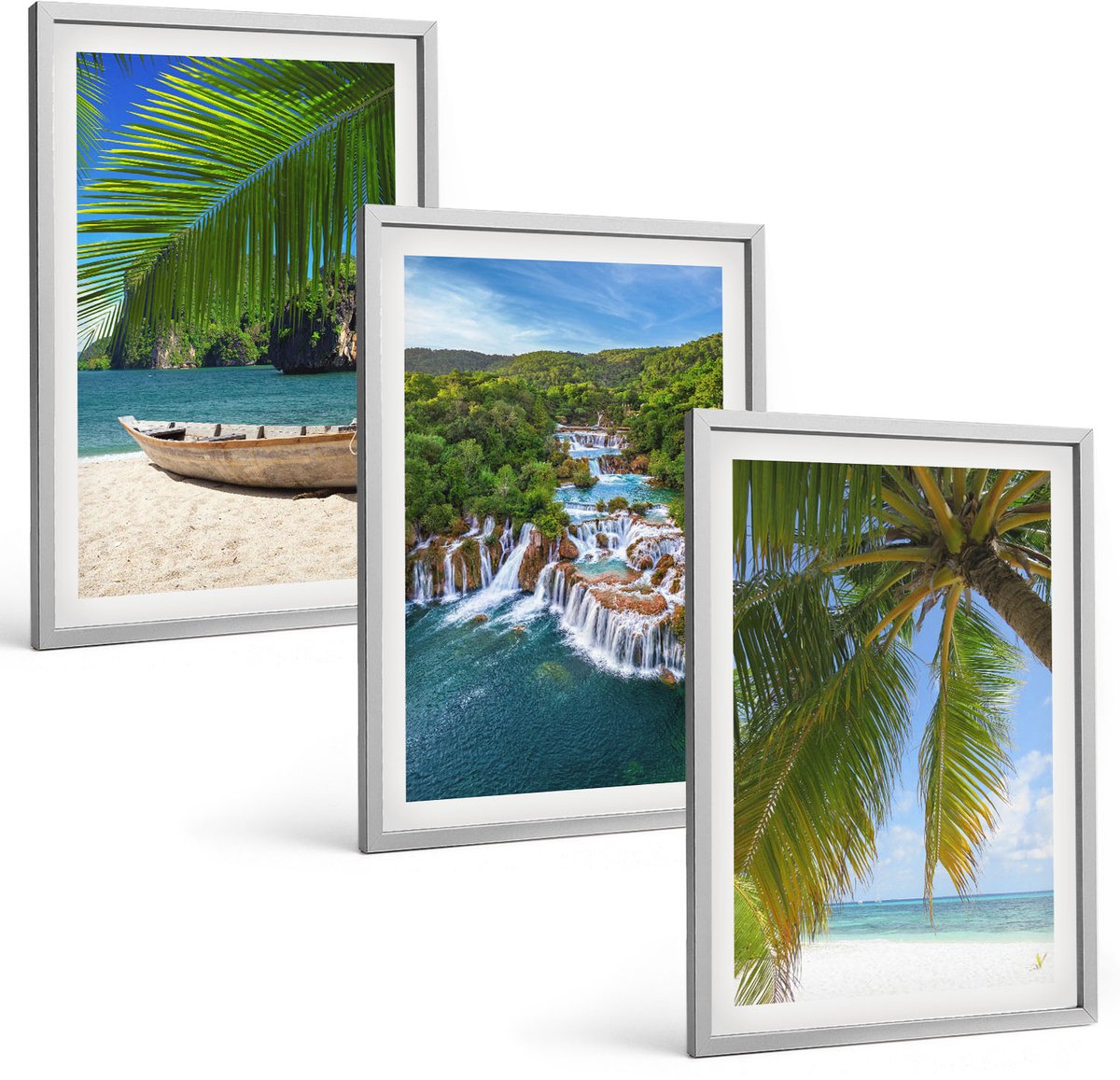 TULUP 4-Delige Schilderij Set - Strand met boten, watervallen en palmbomen in de tropen - 40 x 60 cm - Schilderijen Set - Wanddecoratie - Woonkamer - Moderne Wanddecoratie Zilveren lijst